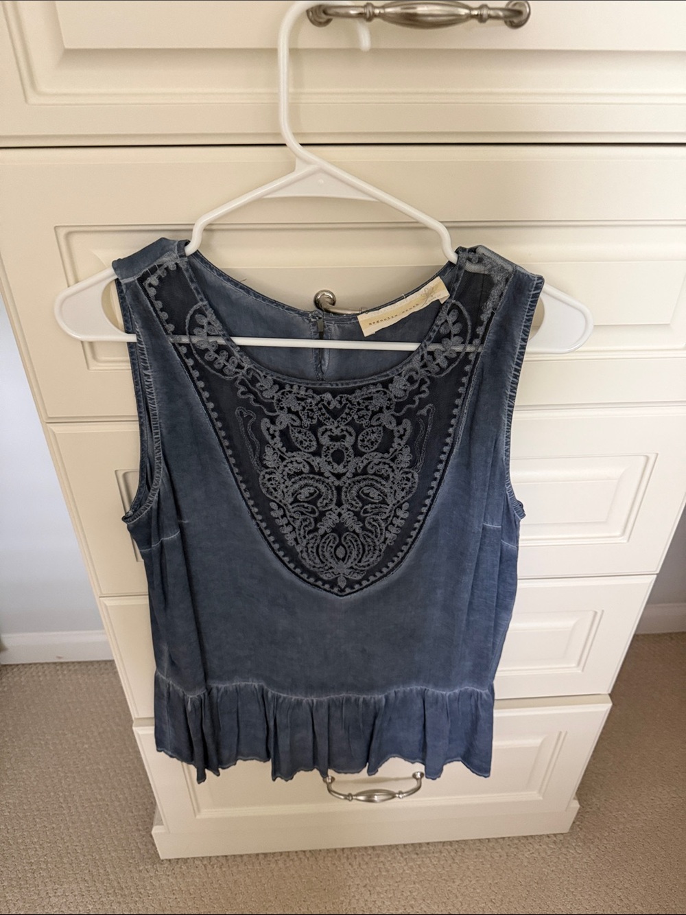 Washed Denim Blue Embroidered Sleeveless Top